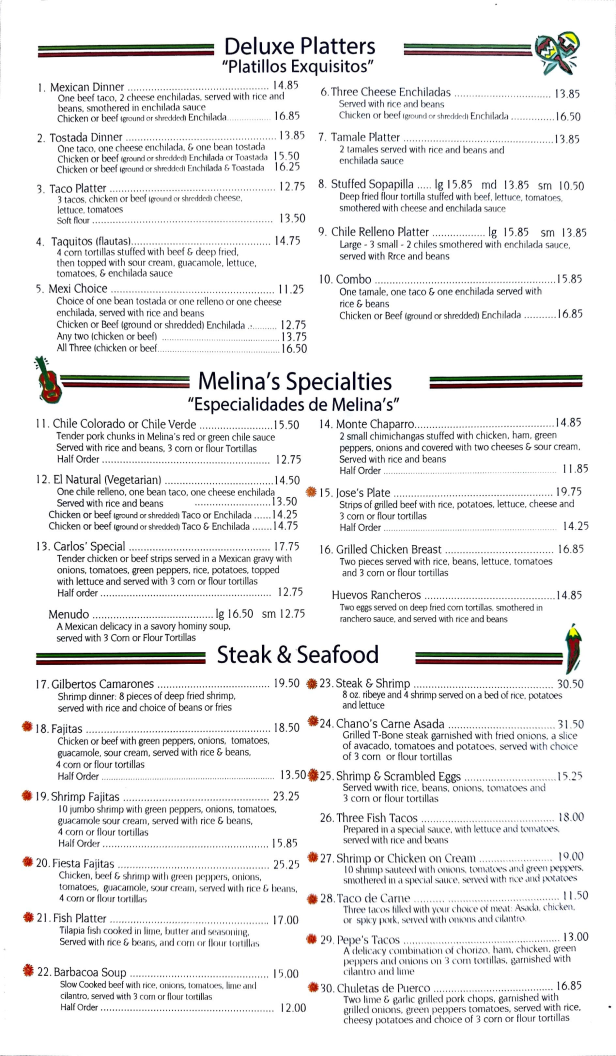 Melina's Mexican Food Menu - Image 1